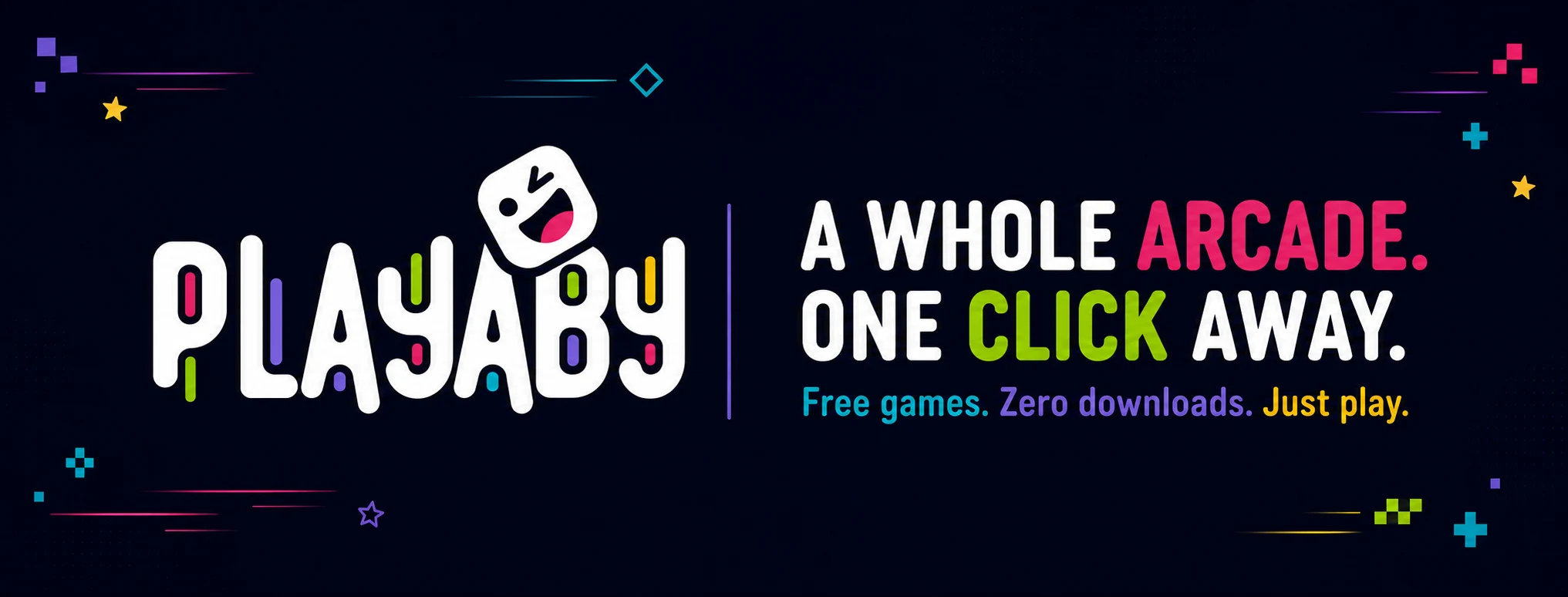 Playaby banner — a whole arcade, one click away: free games, zero downloads, just play.