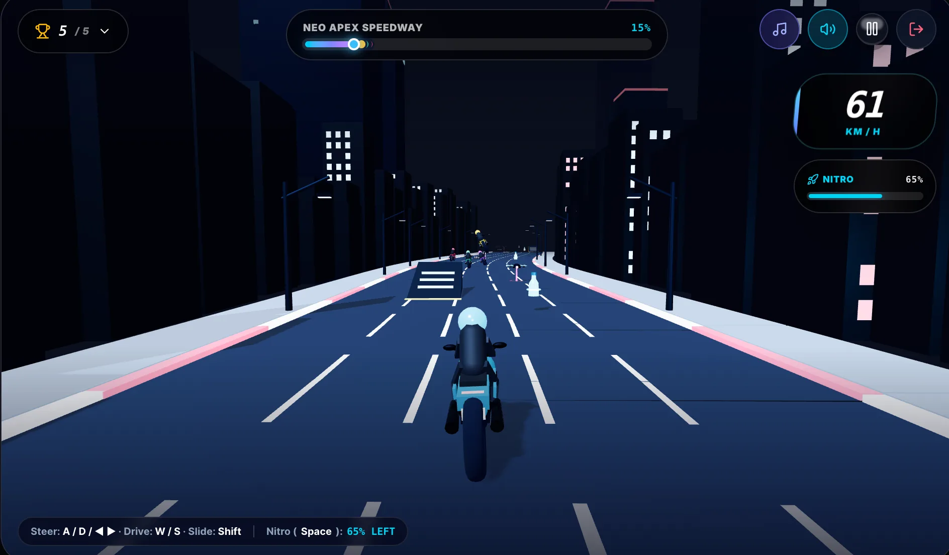 A bike racer using nitro boost to overtake an opponent on a racing track with visual speed effects