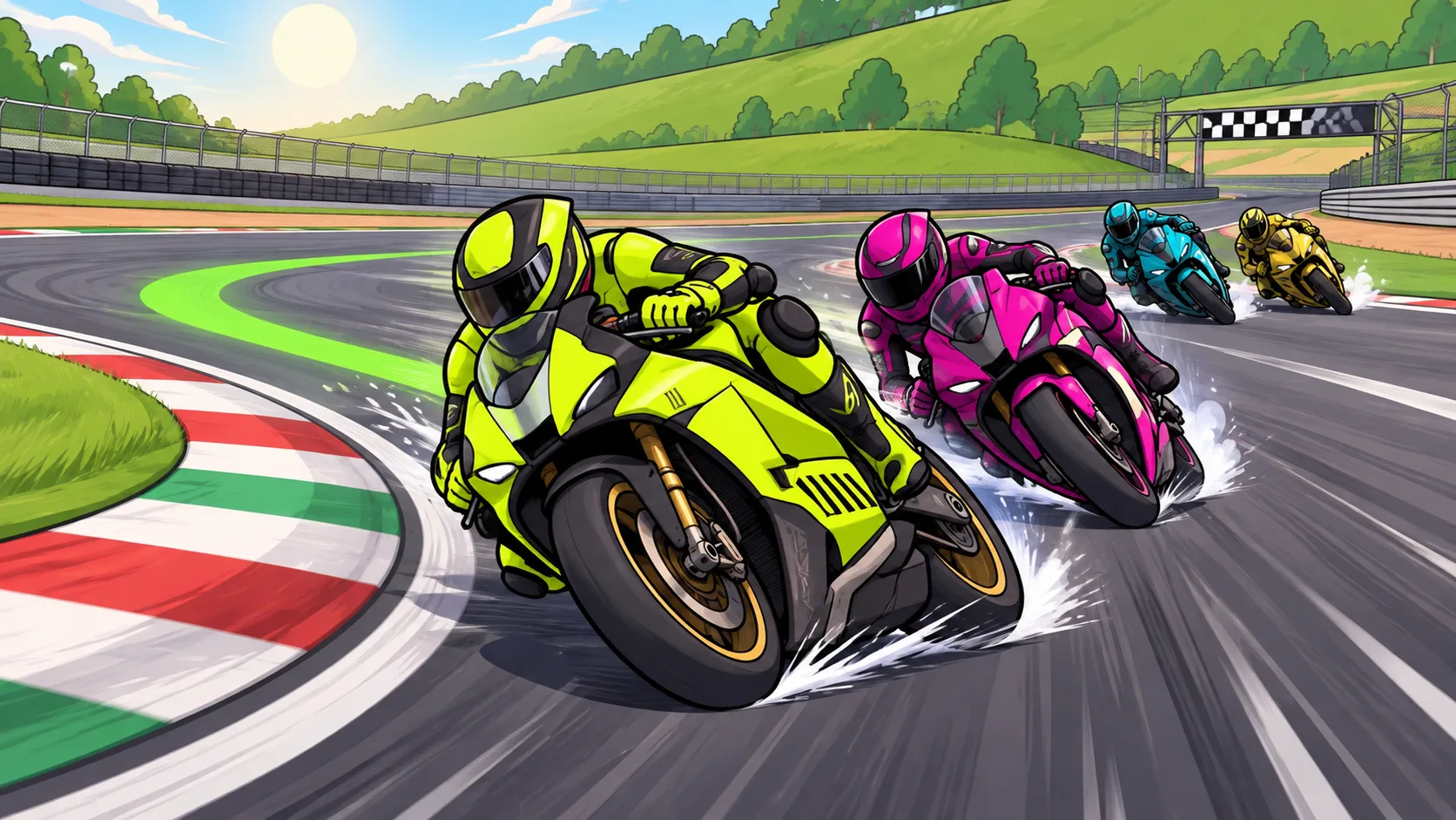 Bike racing strategy gameplay cover showing a lead rider taking the inside line through a corner while overtaking rivals on a colorful circuit