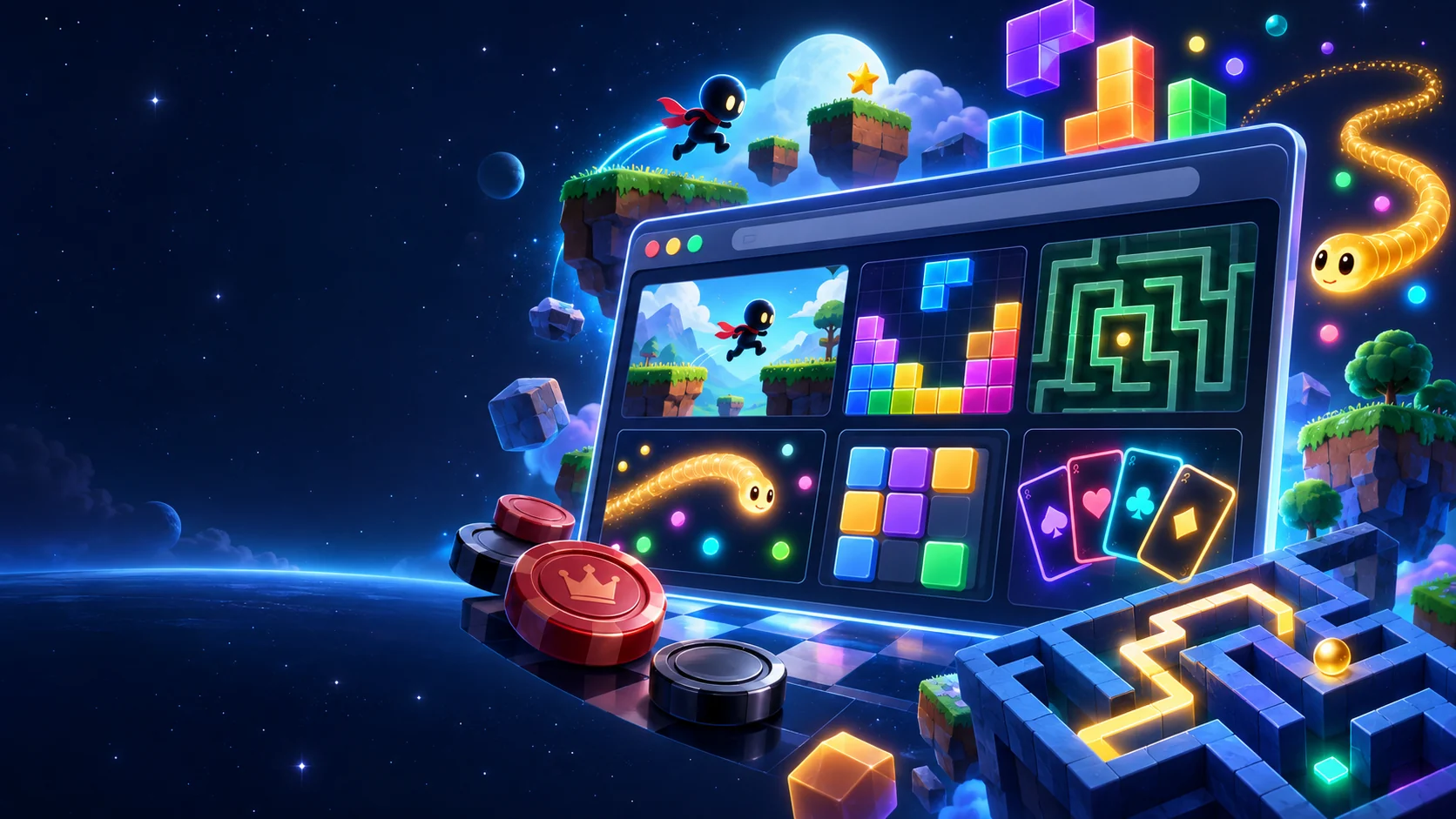 A glowing browser window surrounded by colorful puzzle tiles, playing cards, checkers pieces, a maze, and a neon snake in a starry arcade scene