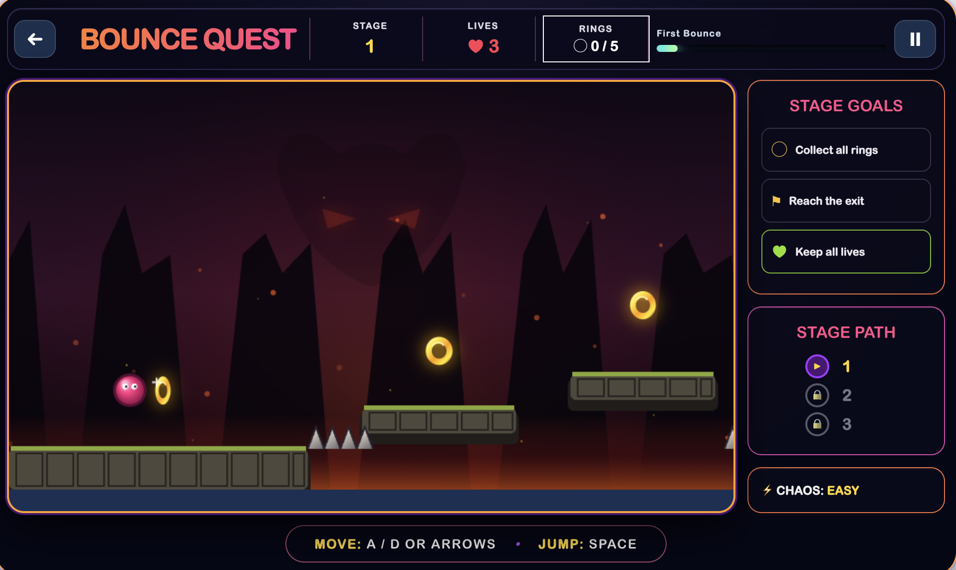 Gameplay screenshot of Bounce Trouble showing the devil ball bouncing past spike traps toward a glowing ring, with the stage HUD and stage goals sidebar visible