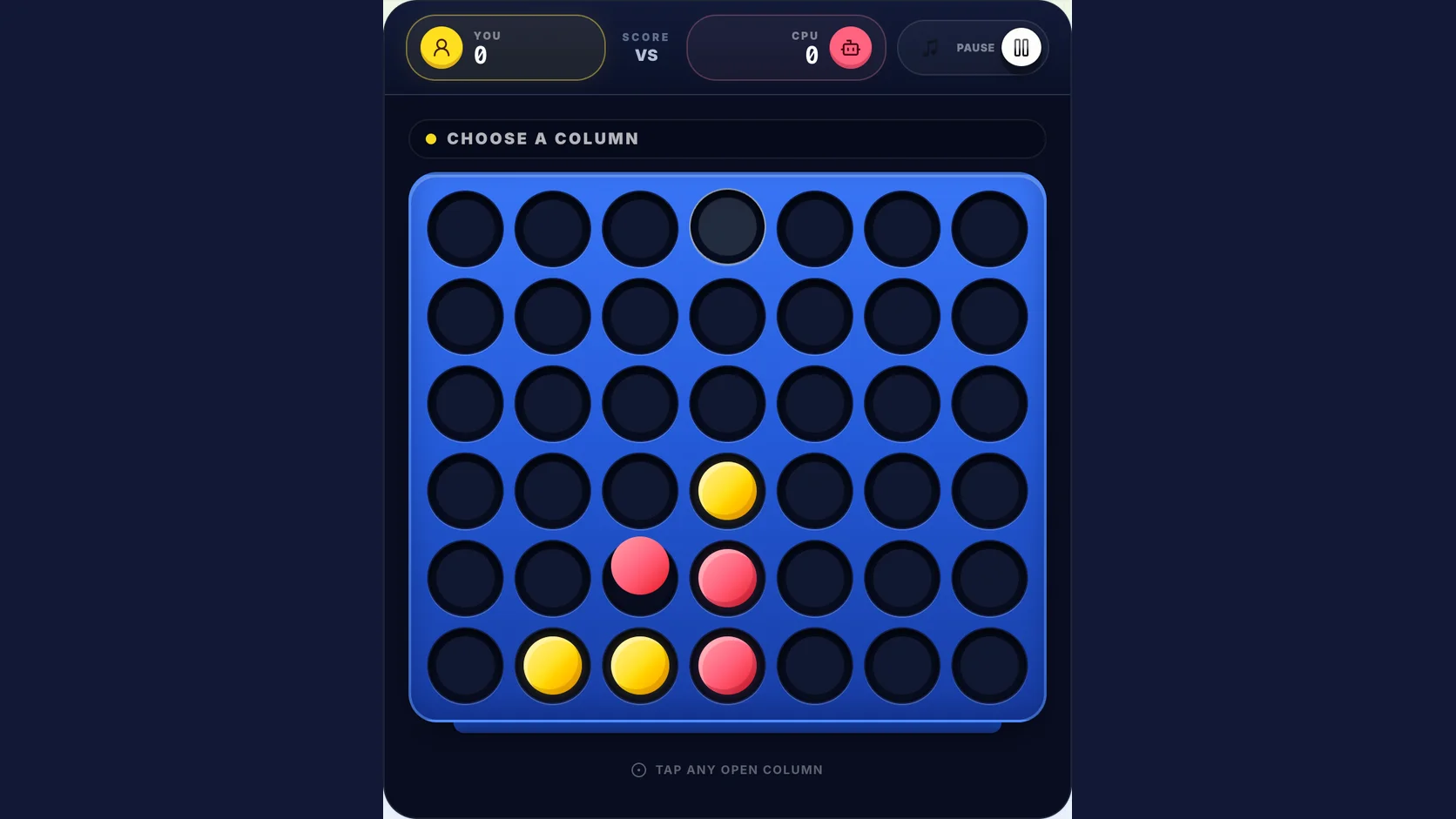 Connect Four game screenshot mid-match, showing red and yellow discs dropped in the center columns of the board