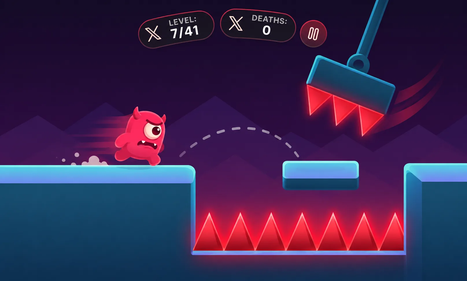 Devil Trap controls and mobile gameplay screenshot showing the pink one-eyed character preparing a jump over spikes beneath a swinging crusher with the level and deaths HUD