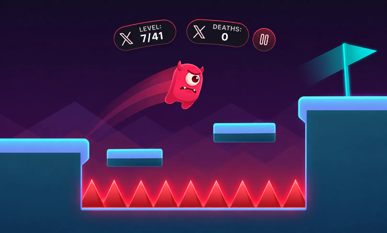 Devil Trap levels guide gameplay screenshot showing the pink one-eyed character jumping between blue platforms over glowing red spikes toward the finish flag with the level and deaths HUD
