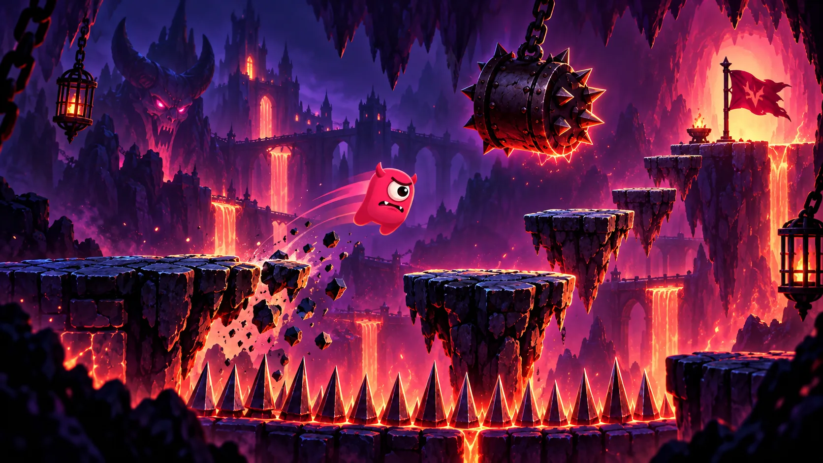 Devil Trap hero racing across crumbling platforms above spikes while a giant spiked crusher swings overhead