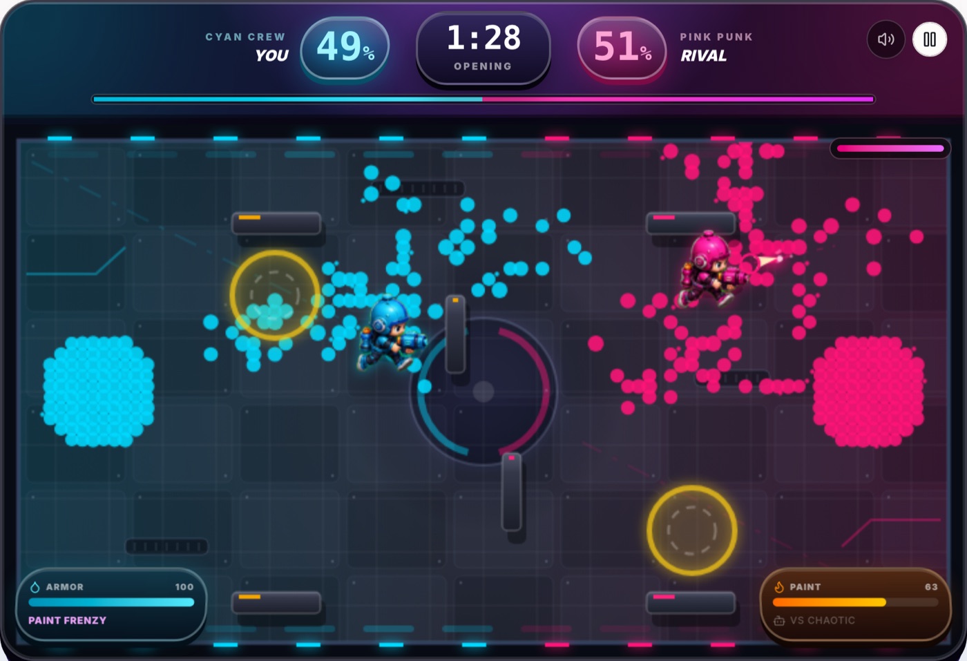 Gameplay screenshot of Paint Battle showing the Cyan Crew and Pink Punk fighters mid-match, spraying cyan and pink paint across the arena grid with the territory-percentage HUD at the top