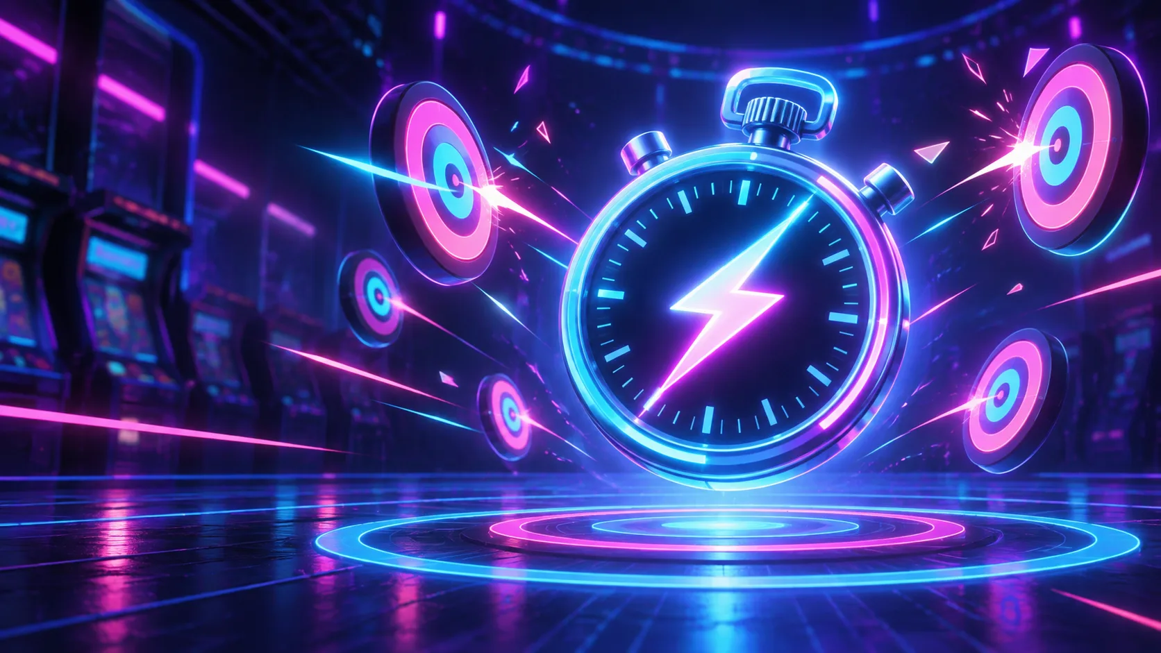 A glowing stopwatch with a lightning bolt surrounded by neon target rings in an arcade arena, representing reaction speed and precision