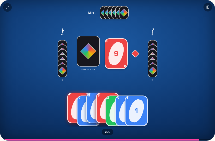 The 2D Uno table on Playaby, with opponents seated around a navy felt table and your hand fanned out at the bottom
