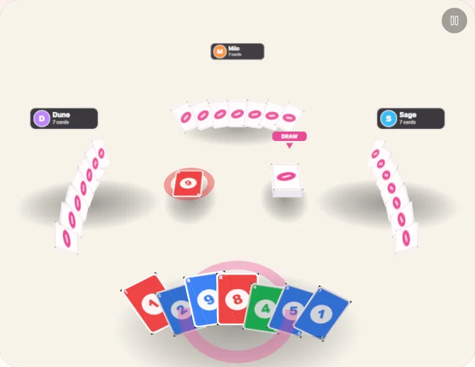 Screenshot of the 3D Color Cards table on Playaby, viewed at an angle with opponents seated around a light tabletop