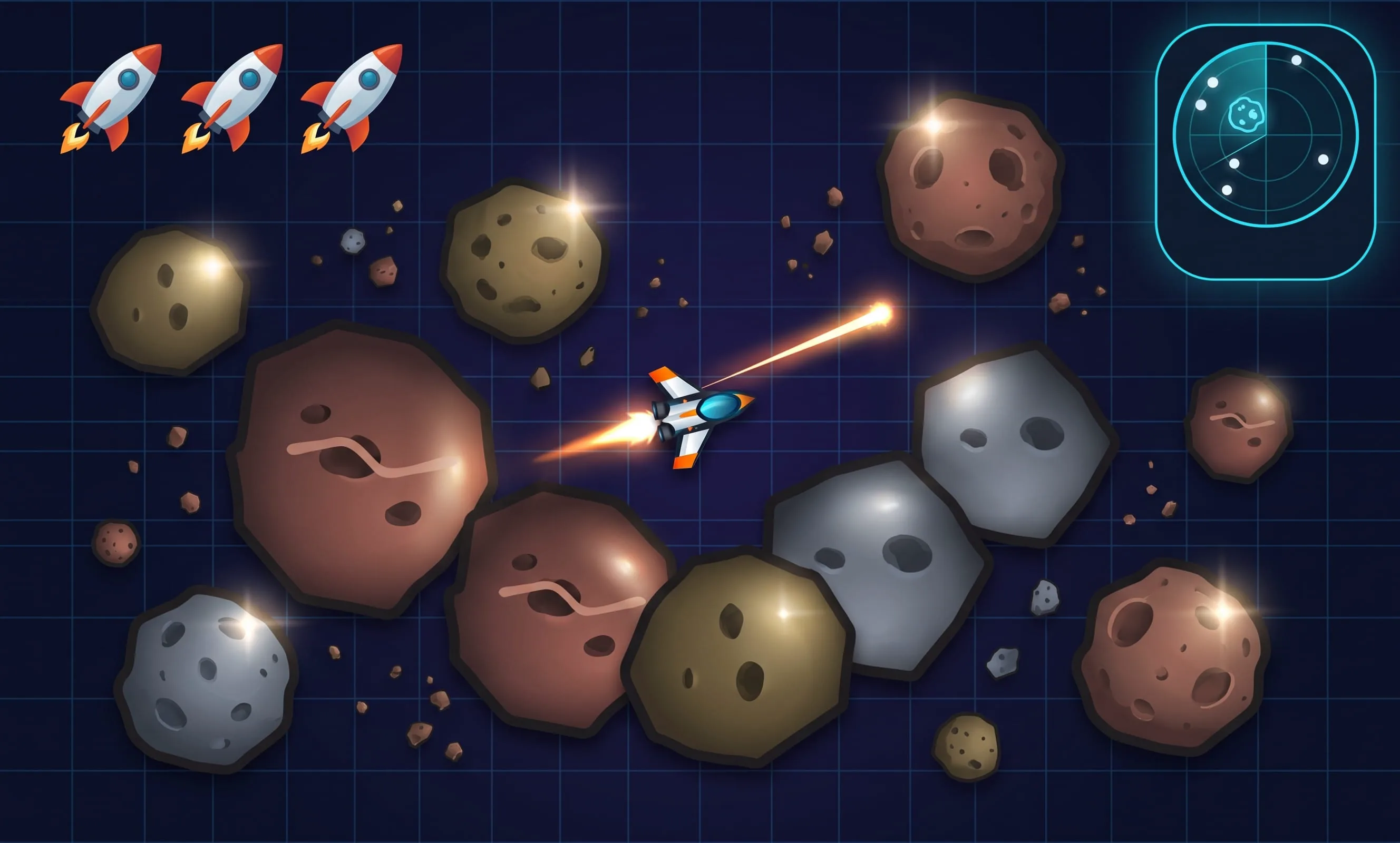 Asteroids: Beschleunige, drehe und zerstöre die treibenden Weltraumfelsen — free arcade game online at Playaby