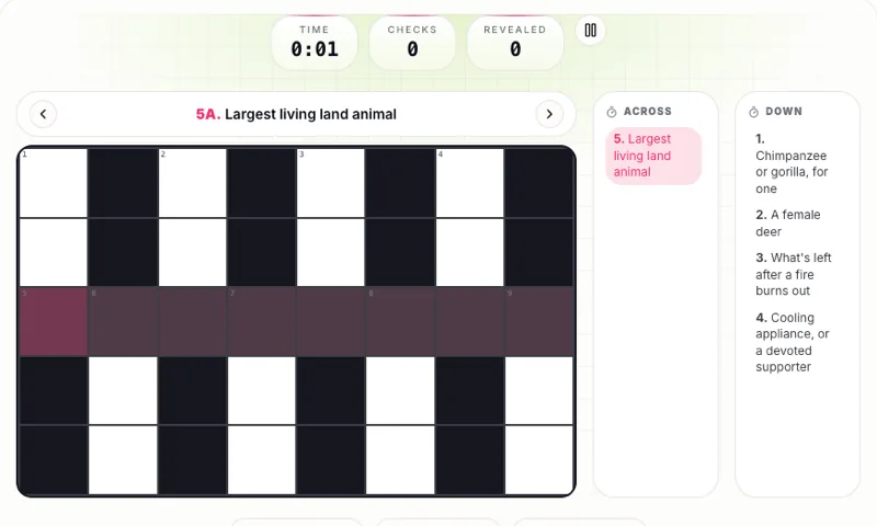 Crossword: Fill the grid one clue at a time across four themed puzzles — free word game online at Playaby