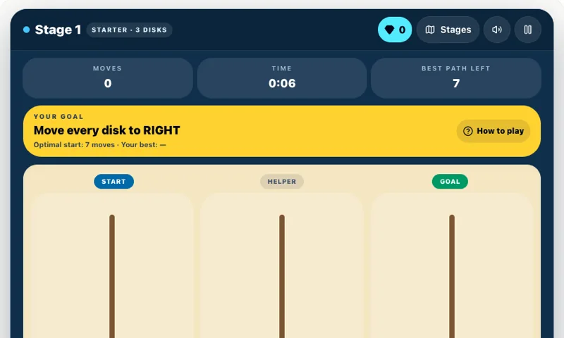 Tower of Hanoi: Versetze den gestapelten Turm mit möglichst wenigen Zügen — free puzzle game online at Playaby