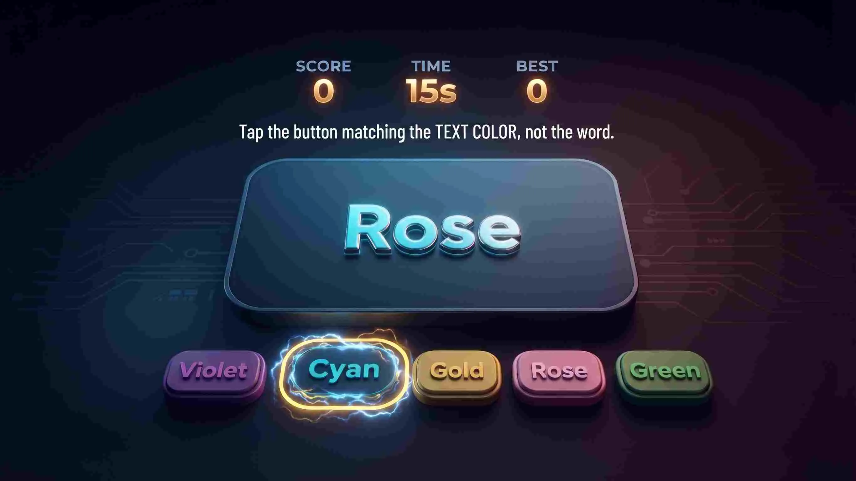 Color Match: Überliste den Stroop-Effekt — achte auf die Farbe, nicht auf das Wort — free arcade game online at Playaby