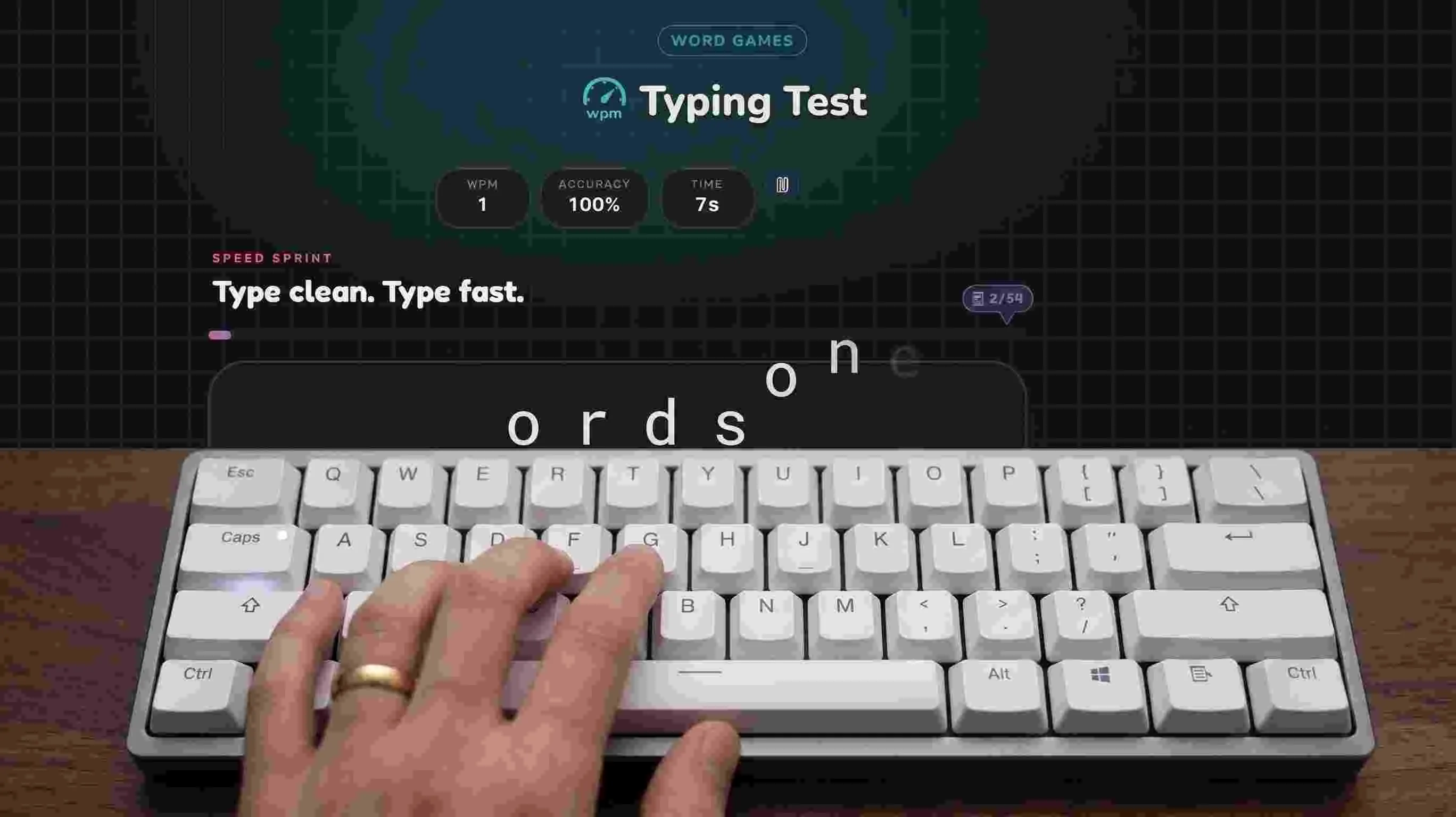 Typing Test: Miss deine Wörter pro Minute und deine Genauigkeit — free word game online at Playaby